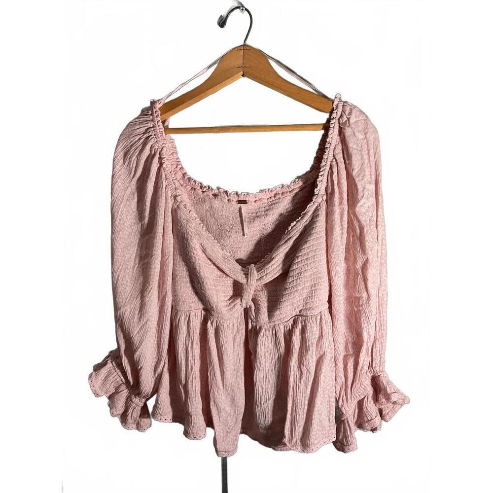Free People Light Pink Long Sleeve Cropped Flowy Peplum Smocked  Blouse XL